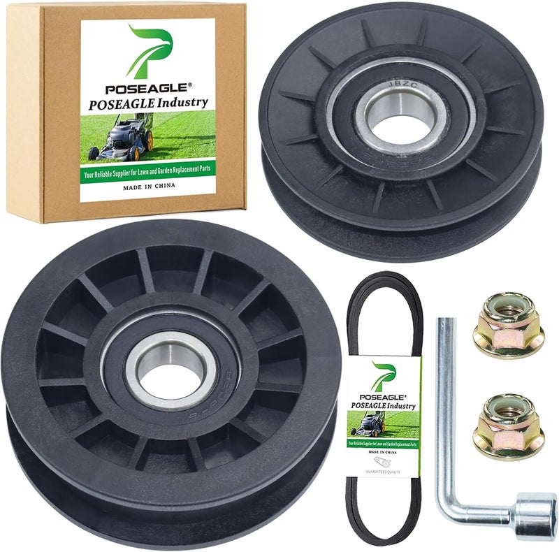 POSEAGLE GX20286 V Idler Pulley with GX20287 Flat Idler Pulley UC30568 Belt and Hardware Kit Replaces AUC20392 AUC20393 for John Deere D105 D140 D155 L100 L111 L118 L120 L130 La145 Lawn Decks - Image 1